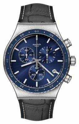 Swatch Cadran chronographe bleu lagon cobalt (43 mm) / bracelet cuir noir YVS496