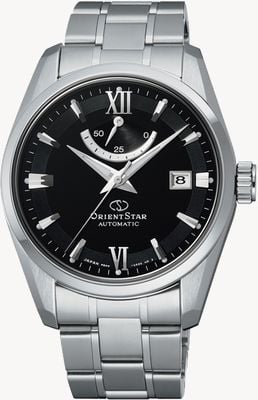 Orient Star Moderne mechanische Uhr mit Datumsanzeige (38,5 mm), schwarzes Zifferblatt / Edelstahl RE-AU0004B00B