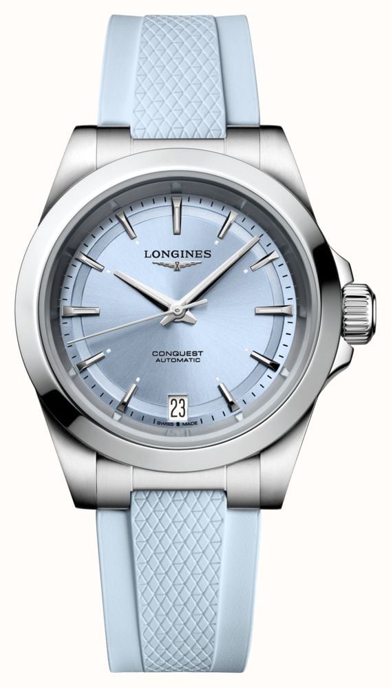 LONGINES Conquest Automatic 34mm Pastel Blue Sunray Dial Light Blue Rubber L34304929 First Class Watches CAN