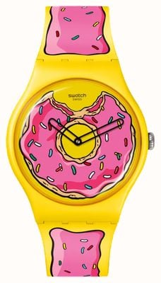 Swatch X os simpsons segundos de doçura (41 mm) mostrador com estampa de donut / pulseira de silicone com estampa de glacê SO29Z134