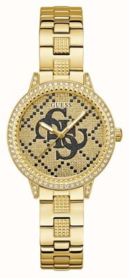 Guess Cristal G Lace (34 mm) com logotipo quattro 'g', mostrador dourado e pulseira em aço inoxidável com revestimento PVD dourado. GW0944L2