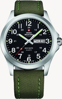 Swiss Military by Chrono Men's Day-Date (42mm) Black Dial / Green Leather Strap Watch SMP36040.05