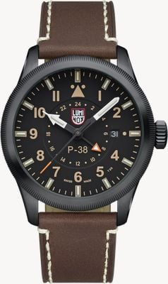 Luminox Relógio P-38 Lightning GMT Série 9520 'Sandstorm' (42 mm) mostrador preto / pulseira de couro marrom XA.9526