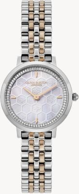 Olivia Burton Esfera gris paloma ultrafina (28 mm) con diseño de panal / brazalete de acero inoxidable de dos tonos 24000265