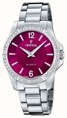 Festina 女士钢质手表，带 cz 镶嵌和钢质表链 F20593/2