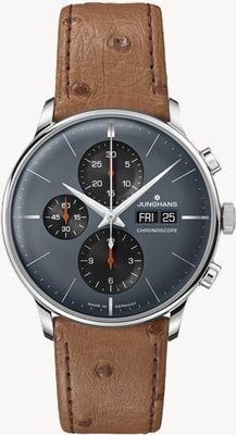 Junghans マイスター クロノスコープ (イングリッシュデイト) |グレーの文字盤 |ブラウンオーストリッチレザーストラップ 27/4224.03
