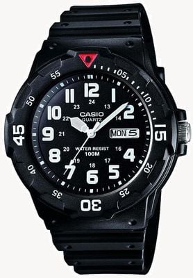 Casio Klassisches Tag/Datum-Modell (44,6 mm), schwarzes Zifferblatt/schwarzes Harz MRW-200H-1BVES
