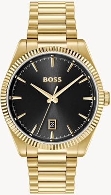 BOSS Relógio Cheswick de três ponteiros, quartzo (40 mm), mostrador preto / pulseira em aço inoxidável com revestimento PVD dourado. 1514312
