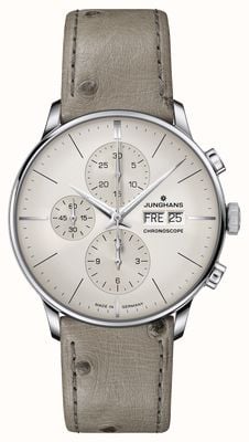 Junghans Meister Chronoscope English Date (40.7mm) Light Grey Dial / Grey Ostrich Leather Strap 27/4223.03