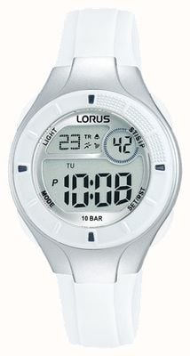 Lorus Digitale Multifunktionsuhr für Kinder, 100 m (31 mm), digitales Zifferblatt/weißes PU-Armband R2349PX9
