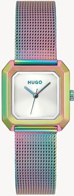 HUGO #hazel al quarzo a tre lancette (24 mm) quadrante argento / bracciale in maglia di acciaio inossidabile pvd arcobaleno 1540186