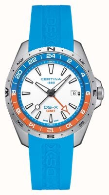 Certina Ds-x Quarz GMT (41 mm) weißes Zifferblatt / blaues Silikonarmband C0474521701100