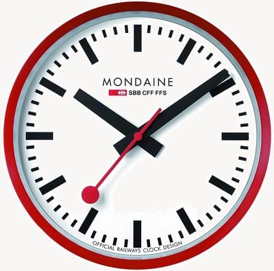 Mondaine Reloj de pared de cuarzo de 25 cm, modelo oficial de los Ferrocarriles Suizos, con marco rojo y esfera blanca. A990.CLOCK.11SBC