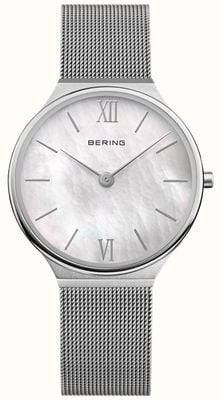 Bering Reloj de mujer ultradelgado (34 mm) con esfera de nácar/pulsera de malla de acero inoxidable 18434-000