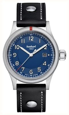Hanhart Pioneer One Automatic (42 mm) quadrante blu / cinturino in pelle nera con rivetti - m 762.270-0010