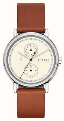 Skagen Relógio multifuncional Signatur (40 mm) mostrador creme / pulseira de couro marrom SKW6942