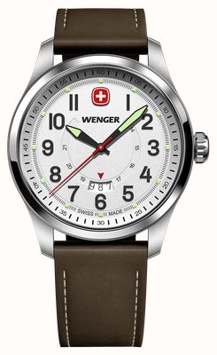 Wenger Reloj Terragraph de cuarzo (43 mm) con esfera blanca texturizada y correa de piel marrón. 01.0541.120