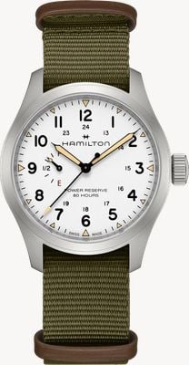 Hamilton Reserva de marcha mecânica de campo cáqui (40 mm), mostrador branco / pulseira têxtil verde NATO H69509910