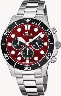 Lotus Exquisite Chronograph-Kollektion (44,5 mm) mit rotem Sonnenschliff-Zifferblatt / Armbanduhr mit Edelstahlarmband 18756/7