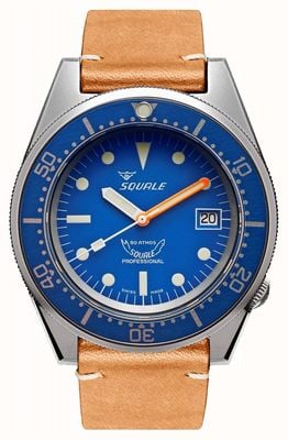 Squale 1521 mostrador azul jateado (42 mm) / pulseira de couro italiano marrom claro 1521BLUEBL.PC