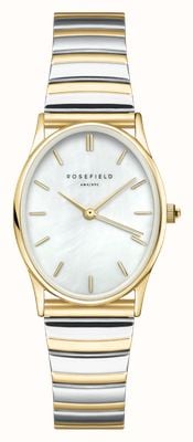 Rosefield Mostrador oval (24 mm) em madrepérola branca / pulseira de aço inoxidável bicolor OVWDSG-OV17