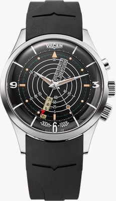 Vulcain Nautical Heritage Cricket Alarm Calibre (42mm) Black Beige Patina Dial / Black Integrated Rubber Strap Watch 101252SB07.BAR101