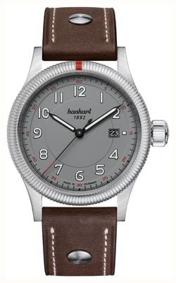 Hanhart Pioneer One Automatic (42 mm) quadrante grigio / cinturino in pelle marrone scuro con rivetti - m 762.240-0110
