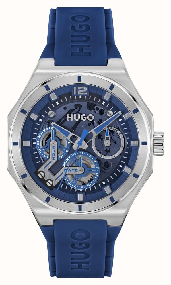 HUGO Men s Grail Skeleton 44mm Blue Dial Blue Silicone Strap 1530375 First Class Watches CAN