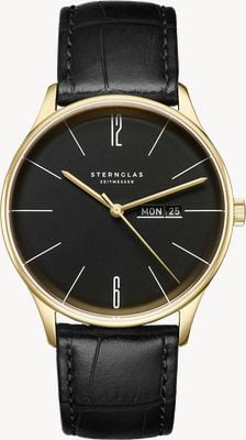 STERNGLAS Kwarcowy zegarek Berlin (38 mm) z czarną tarczą w kolorze fortepianowym / pasek skórzany Heritage 20 w kolorze czarnym S01-BE04-HE03