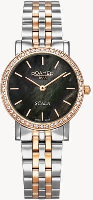 Roamer Scala 水晶（28 毫米）黑色珍珠贝母表盘/双色不锈钢表链 976830 49 80 50