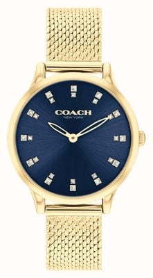 Coach Chelsea feminino (32 mm) mostrador azul / pulseiras de malha de aço inoxidável douradas 14504218