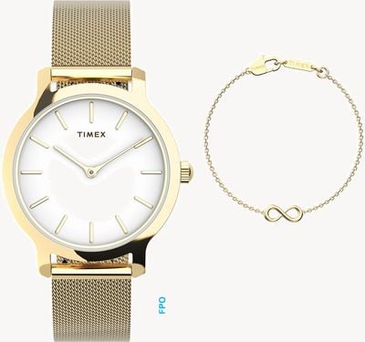 Timex Transcend™ - zestaw prezentowy (31 mm) z białą tarczą / bransoletą z siatki ze stali nierdzewnej w kolorze złotym PVD TWG067000