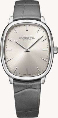 Raymond Weil Toccata Heritage Mechanical (33 mm), silbernes Zifferblatt mit Sonnenschliff / graues Lederarmband 2280-STC-64001
