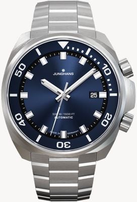 Junghans Aquaris automatisch (46,9 mm) blauwe wijzerplaat met zonnestralenpatroon / roestvrijstalen armband + zwarte rubberen band 27/4660.44