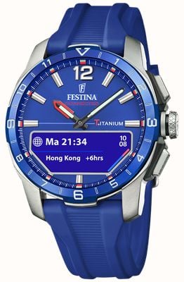 Festina Connected d hybride smartwatch (44 mm) blauwe geïntegreerde digitale wijzerplaat / blauwe rubberen band F23000/3