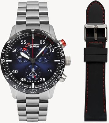 Zeppelin Eurofighter Quartz Chronograph (43mm) Blue Dial / Stainless Steel Bracelet + Black Strap 7298M-3SET
