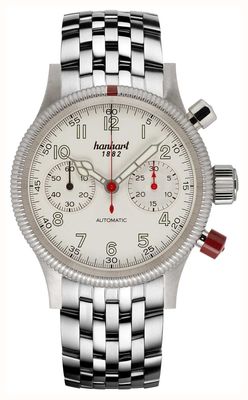 Hanhart Cronógrafo automático Pioneer MK II (40 mm) com mostrador branco antigo e pulseira de aço inoxidável. 716.200-6428
