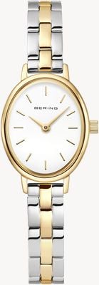 Bering Klassische ovale Quarz-Uhr (20 mm) mit weißem Zifferblatt / zweifarbigem Edelstahlarmband 11020-714