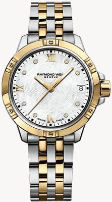 Raymond Weil Montre Tango classique avec diamant (30 mm), cadran en nacre et bracelet bicolore en acier inoxydable. 5960-STP-00995