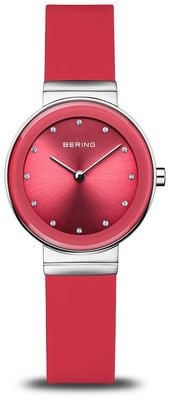 Bering Klassisch für Damen (29 mm) mit rotem Zifferblatt und rotem Silikonarmband 10129-503