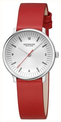 Mondaine Doppio (33 mm) cremeweißes Zifferblatt / rotes veganes Lederarmband MLE.33110.LCV