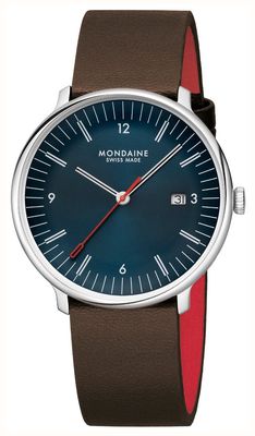 Mondaine Doppio (41 mm) blaues Zifferblatt / braunes veganes Lederarmband MLE.41240.LGV