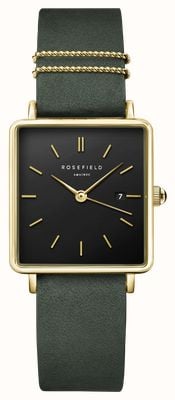 Rosefield Boxy (26mm) Black Dial / Forest Green Leather Strap QBFGG-Q031