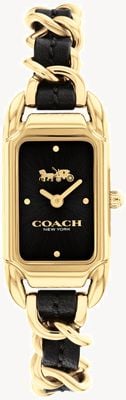 Coach Cadie für Damen, schwarzes, rechteckiges Zifferblatt/schwarzes Lederarmband aus goldenem Edelstahl 14504281