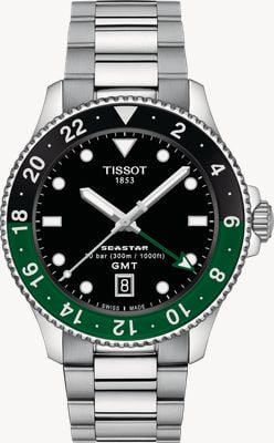 Tissot Seastar 1000クォーツGMT（40mm）ブラックダイアル/ステンレススティールブレスレットウォッチ T1208521105100