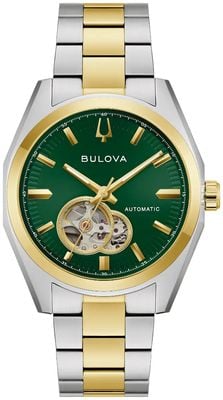 Bulova Surveyor automatico a cuore aperto (39mm) quadrante verde raggiante / bracciale in acciaio inossidabile bicolore 98A338