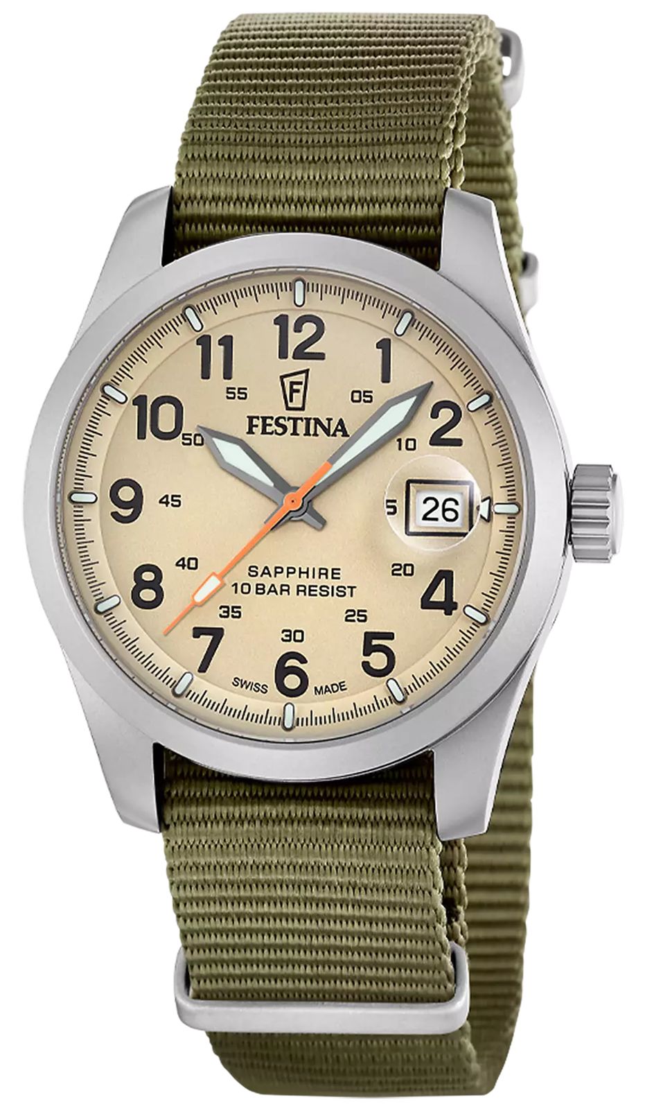 Festina Swiss Made Field Quartz 39mm Beige Dial  Green Watch