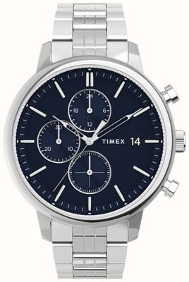 Timex Chicago chrono 45 mm zilverkleurige kast blauwe wijzerplaat roestvrijstalen armband TW2V01700