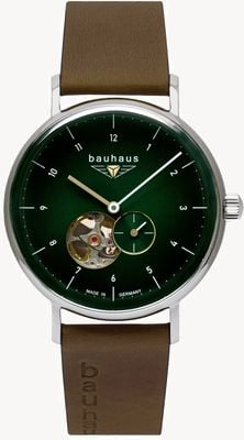 Bauhaus クラシックオープンハートオートマチック（41mm）ダークグリーンダイヤル/ブラウンレザーストラップ 21664