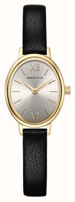 Bering Classic Oval Quartz (20mm) Silver Sunray Dial / Black Leather Strap Watch 11020-433